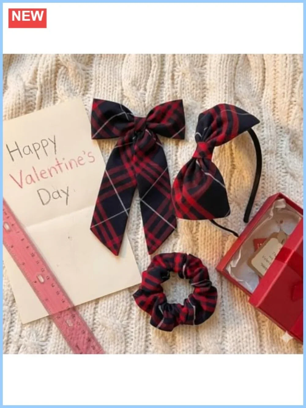 Plaid Bow Hair Set Gift for Girls with Headband and Scrunchie, School Uniform